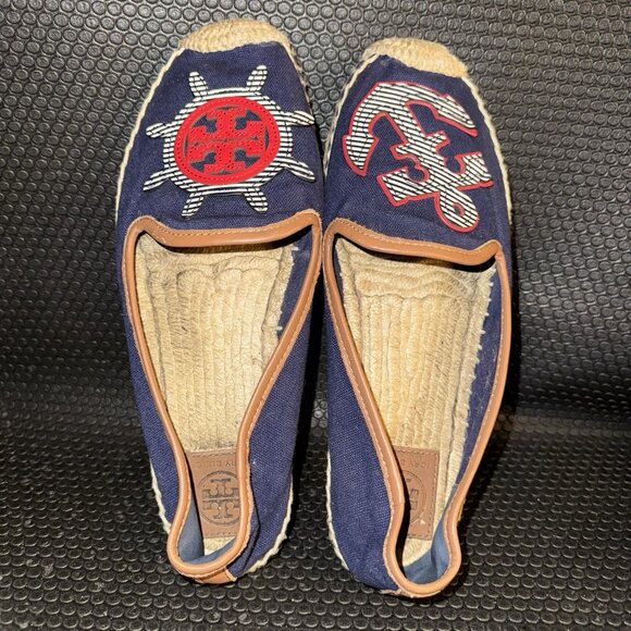 Tory Burch Flats Denim Navy Nautical Beach Slip On Fish Sailboat Women's Size 10 - Picture 6 of 10